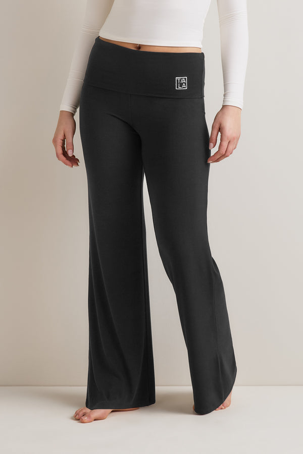365  Sculpting Lounge Fold Waist Logo Flared Trousers - Shadow Black