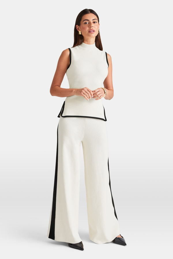 Wide Leg Contrast Ribbed Knit Trousers - Buttermilk And Black