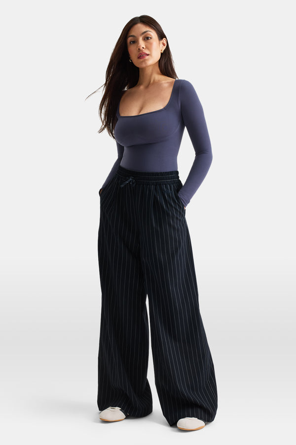 Drawstring Wide Leg Trousers - Navy Stripe