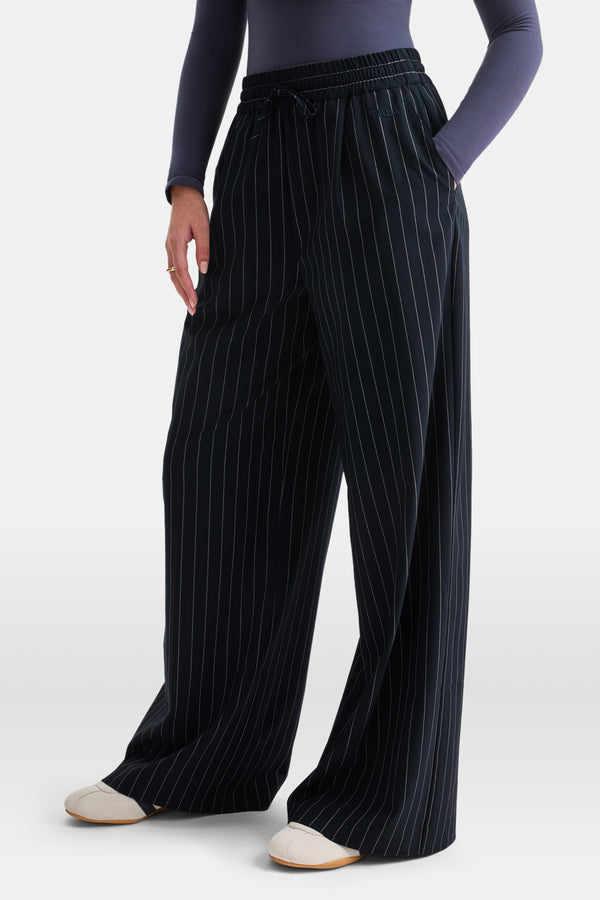 Drawstring Wide Leg Trousers - Navy Stripe - Image 3