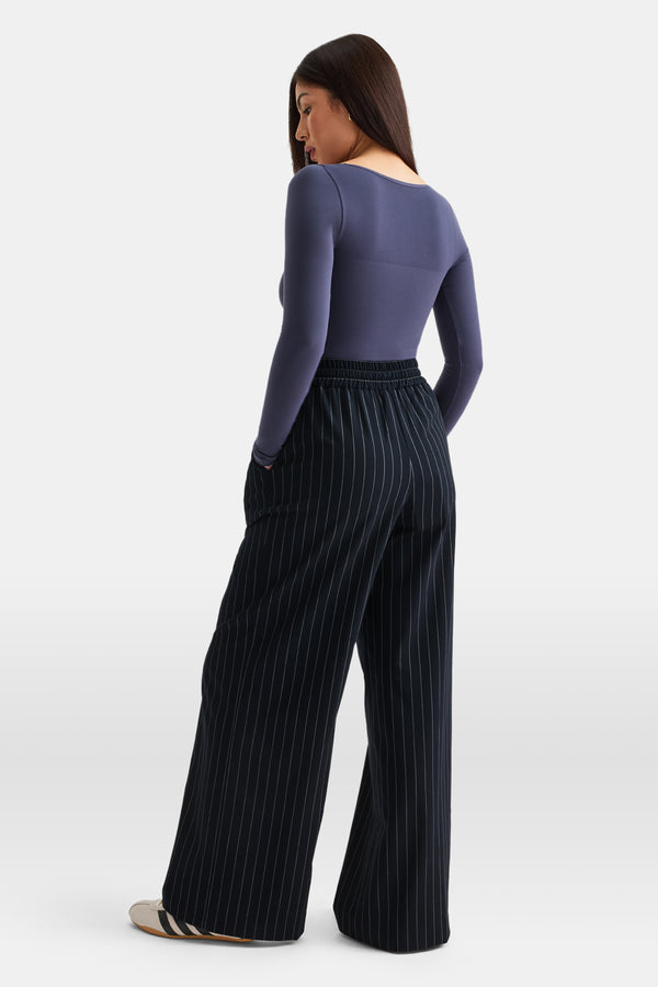 Drawstring Wide Leg Trousers - Navy Stripe - Image 4