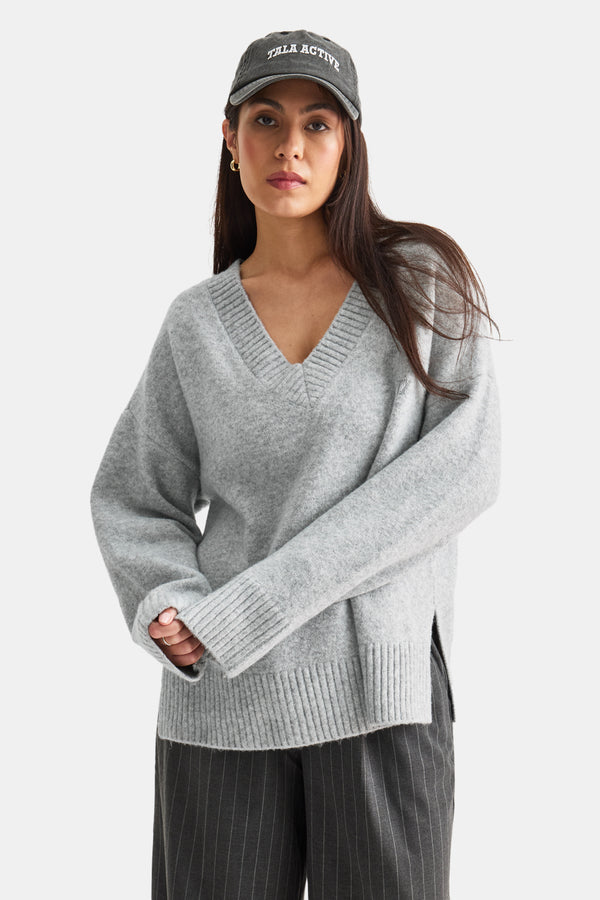 V Neck Jumper - Grey Marl