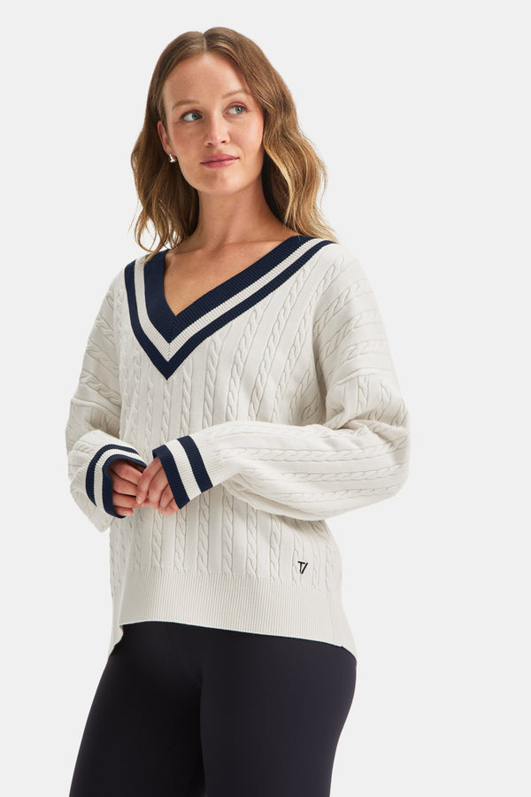 Oversized V Neck Knitted Cricket Jumper - Ivory & Midnight Navy