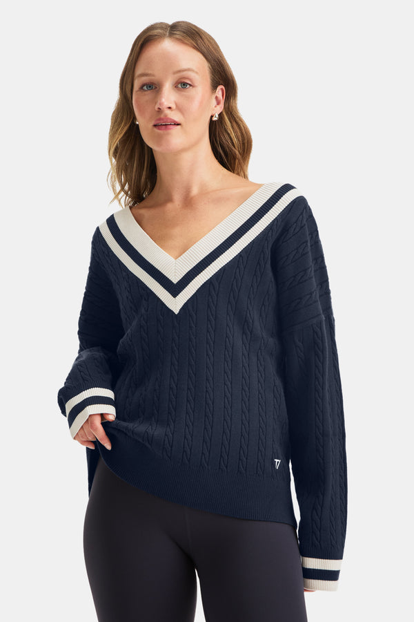 Oversized V Neck Knitted Cricket Jumper - Midnight Navy / Ivory