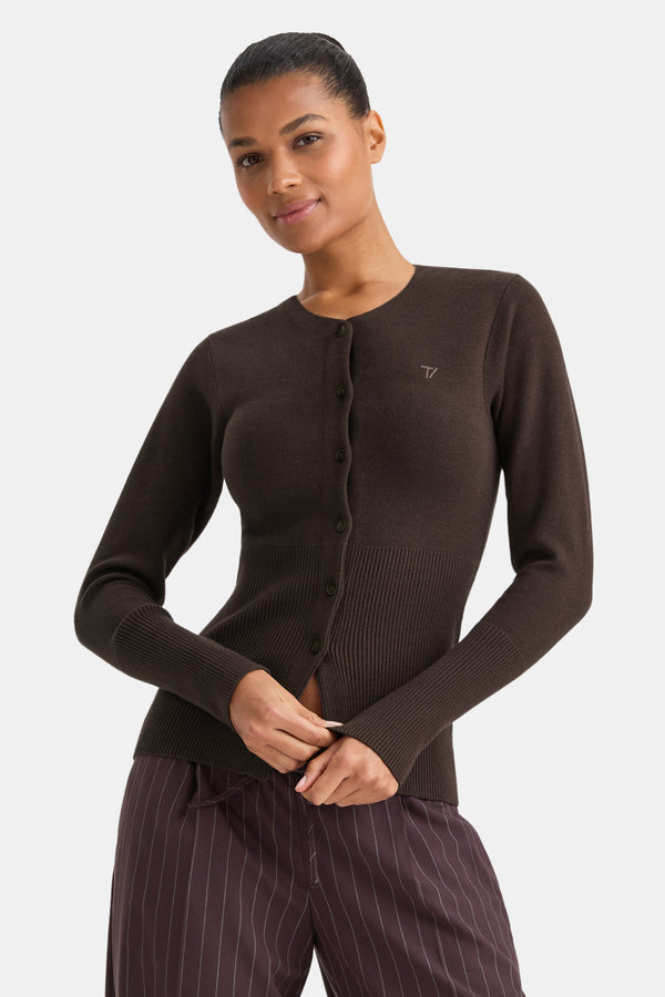 Knit-Waisted Crew Neck Cardigan - Americano