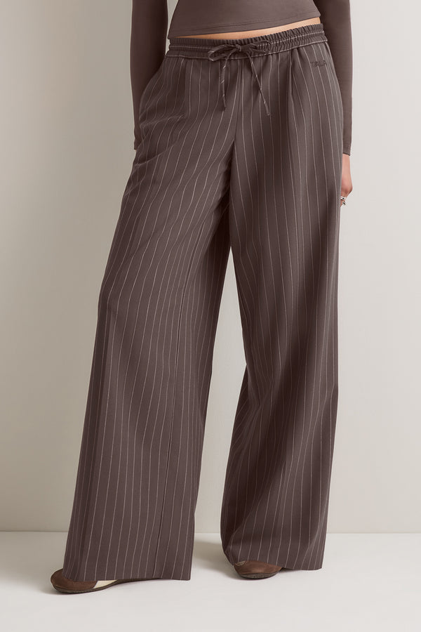 Drawstring Wide Leg Trousers - Mocha Brown Pinstripe